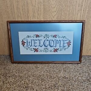 Elegant Blue and Brown Welcome Cross-Stitch Frame
